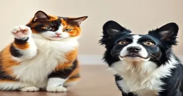 A classic portrait of a chubby tricolor female cat preparing to swipe at a frightened black-and-white female Border Collie. The cat, with its vibrant tricolor fur, has an mischievous expression and is lifting its right front paw, ready to strike. The Border Collie, in stark black and white, appears startled, with wide eyes and a nervous posture. The background is soft and blurred, with natural lighting highlighting the characters’ emotions. The animals’ expressions are detailed and lifelike, capturing the playful tension in the moment with a timeless, classic feel