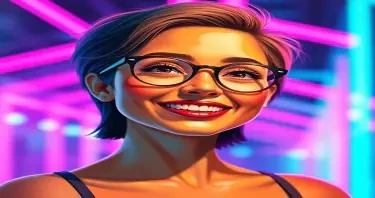 ((Fine art painting:1.5)), (((watercolor texture:1.8))), (cartoonish lines:1.7), ((color:2.0)), ((cinematic lighting:2.0)), ((expressive:1.5)), ((concept art:1:7)) ((depth of field:2.0)), ((atmospheric perspective:1.5)) A vibrant portrait featuring a young woman smiling brightly amidst a backdrop of colorful neon lights. She has short, stylish hair and wears large, round glasses that emphasize her expressive eyes. The setting exudes an energetic and futuristic vibe, enhanced by glowing lines in shades of pink, blue, and purple that create a dreamy atmosphere. The subject is positioned slightly off-center to draw the eye to her joyful expression and confident pose, which is relaxed yet engaging. The lighting is soft yet vivid, accentuating her facial features and skin tone, while adding depth to the composition. The blurred neon lights in the background create a sense of motion and excitement, enhancing the overall mood of youthfulness and positivity. The image captures a perfect blend of modern style and artistic flair, reminiscent of contemporary urban photography. Detailed attention is paid to contrasts, with warm skin tones glowing against the coolness of the neon colors, making for a striking visual narrative that invites viewers to immerse themselves in this lively scene.