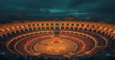 Ancient amphitheatre filled with warriors, torches, high walls, view from above, surrounded by Rome, high detail