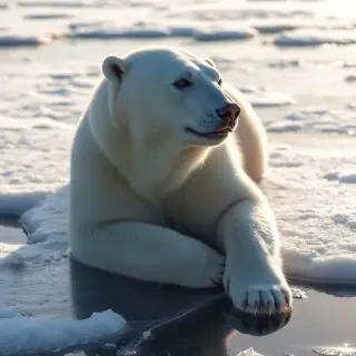 Polar bear lounging on ice in sunny morning with snow all around