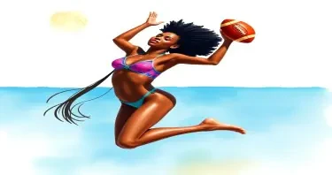 Create a girl American football player. Her skin tone is dark. Base her off of actress Nathalie Emmanuel.  She is playing the game on the sunny side of the moon.  She is jumping up to catch the football in the end zone on the beach sand. She is wearing a wet string bikini she jumps high in the air to catch the football with both her hands.  This is a painted watercolour. She has a straightened light but high Afro