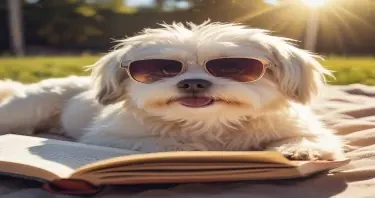 a havanese dog lying in the sun, wearing sunglasses and reading a book.