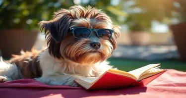 a havanese dog lying in the sun, wearing sunglasses and reading a book.