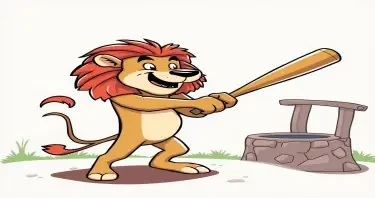 cartoon lion swinging a baseball bat with an artesian well in the background