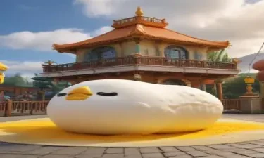 hyper-realistic gudetama at a theme park