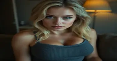 close-up portrait of the same blonde woman from the reference images, with identical facial features and hair color,  sitting on a couch in a dimly lit room, wearing a fitted grey ribbed bralette, very large bust fully covered,  tousled blonde hair over one shoulder, green eyes softly squinting and aligned with the camera, perfectly symmetrical eyes,  natural eyelids, no artifacts or distortions inside eyes, no reflections,  bare face with no makeup, matte skin, visible pores, slight imperfections,  soft warm lamp light from the side, photographic camera-focused shot from shoulders up, realistic and natural mood,  strictly matches reference identity, no visual deviation