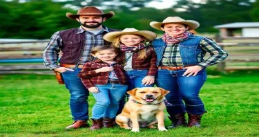 A high quality photo image of a family of four, Man, Woman, two kids, dressed as cowboys, with a dog by their side