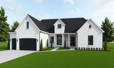 5500 square house, white brick, based in st george utah, black roof, 4 car garge split up with 2, 2 car garages, one of garages in front of house, the other set on the side of the house, two stories