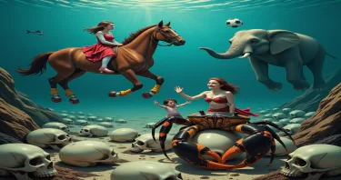 A surreal underwater scene. A horse wearing roller skates swims gracefully through the ocean. Beside the horse swims a gypsy girl with a flowing skirt, looking cheerful and friendly. The scene is set close to the seabed, which is entirely covered with human skulls. On one of the skulls sits a cross-shaped crab, black with yellow stripes. The crab is holding a tiny human in one of its claws. The tiny human waves at the gypsy girl, and they smile at each other warmly. To the side, an elephant floats underwater, holding a soccer ball with the tip of its trunk.