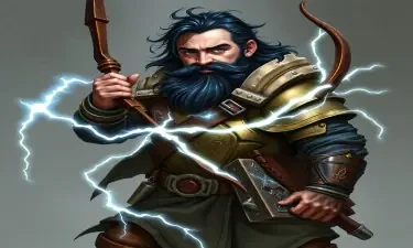 A fifth-edition dungeons and dragons character who is a middle-aged dwarf ranger. He has a wide build, black hair, gray eyes, weilds a magical bow that creates lightning, and wears a mithril breastplate.