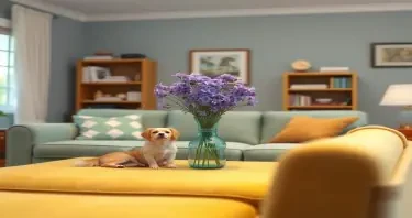 Studio Ghibli style, candid shot, famous randomly couch and randomly finished with randomly dogs, center point for a vase of purple flowers, Use camera is Canon EOS 5D Mark IV with a Canon EF 24mm f/1. 4L II USM lens, set at aperture f/2. 8 for a depth of field that highlights the furniture clean lines with rich and many detail, randomly color and finished, soft ambient light, studio light setting, ultra realistic, UHD, many details