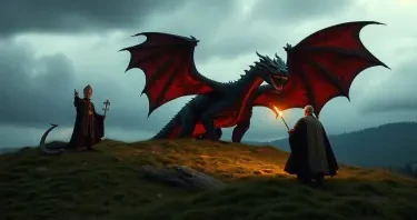 A photo realistic picture of a dragon on an English hill being banished by a protestant Bishop.