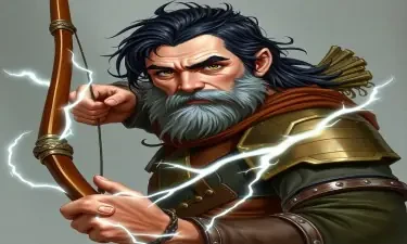 A fifth-edition dungeons and dragons character who is a middle-aged dwarf ranger. He has black hair, gray eyes, weilds a magical bow that creates lightning, and wears a mithril breastplate.