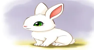 a cartoon drawn little white rabbit with green eyes. This is for a children's book so make him cute and likeable for the reader to look at.