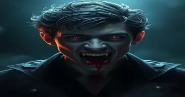Tom Holland as a vampire with fangs and a bloody mouth