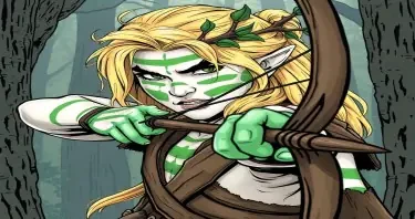 A warhammer fantast wood elf. Tall and blonde with tree branches decorating his hair and his pale white skin painted with green stripes.  With a longbow ready to shoot. Drawn in comic style