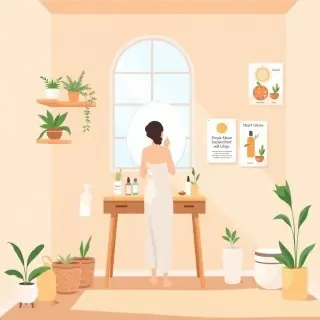 A full scene modern flat vector editorial illustration set in a serene, naturally lit bathroom or skincare corner, emphasizing smart, plant‑based skin‑firming routines. The environment includes clearly visible walls, floor, shelves, and furniture, creating a warm, realistic interior space. A person stands at a wooden vanity table with a mirror, gently applying a natural skincare product. Around them, neatly arranged items illustrate the layered routine: hydrating serums, antioxidant‑rich botanical extracts, nourishing creams, and a sunscreen bottle. Nearby shelves hold potted herbs, aloe leaves, oils, and small bowls of plant‑derived ingredients, subtly highlighting the power of natural actives.  Soft visual metaphors appear naturally in the scene: a gentle glow around the skin to suggest elasticity, leaf‑shaped reflections symbolizing botanical support, and a small diagram‑like poster on the wall showing skin layers in a simplified, friendly style. The atmosphere conveys balance, gentleness, and the idea that firmness comes from consistent care—hydration, barrier support, antioxidants, and sun protection—rather than quick fixes.  Style: modern flat vector illustration, smooth shapes, soft gradients, slight depth, clean editorial design. Color palette: warm neutrals, soft greens, earthy browns, muted peach tones for skin vitality.  CRITICAL: full scene composition with a complete environment. The background must be part of the scene with clearly visible environment elements such as walls and floor. The image must be fully filled edge‑to‑edge. Absolutely no white background anywhere in the image. No blank or empty areas. No isolated objects. No floating composition. No transparent background. The background is not a studio backdrop, it is a real environment.  No text, no watermark.
