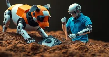 A robotic dog is digging a very deep hole to bury a computer hard drive while a robot wearing a blue polo shirt and glasses is digging a deeper hole in the ground to fill in the hole the robotic dog is making.