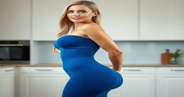 A sexually mature adult woman shown in side profile, standing in a clean, modern kitchen environment. Her body exhibits fully developed adult proportions — an extremely narrow waist, full lifted chest, and maximally rounded glutes that project smoothly backward with anatomical clarity. From the side, her chest is prominently forward-facing, contoured beneath a tightly fitted blue dress that hugs her upper body. Her glutes extend with firm, smooth curvature, balanced by softly contoured hips and a flat, toned abdomen. Her face is partially turned, revealing clear blue eyes, long lashes, a small refined nose, full lips with slight natural asymmetry, straight white teeth, and a forward-projecting, sculpted jawline. Subtle facial lines and lifted cheeks convey composure and sexual maturity. Her long blonde hair is thick and styled neatly, cascading over her back in smooth layers. She is dressed in a sleek, form-fitting blue dress tailored to outline her curves precisely, with particular emphasis on her bust and gluteal projection. The lighting is soft and ambient, casting delicate highlights along her cheekbone, chest, and the outer arc of her hips. The background includes clean, modern kitchen elements such as stone countertops, minimal cabinetry, and soft reflections. The image is photorealistic and high resolution, with strong visual focus on the interplay between her facial structure, chest projection, and the lift and definition of her glutes — expressing refined, sexually mature femininity through confident posture and elegant anatomical emphasis.