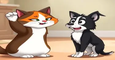 A cartoon of a chubby tricolor female cat preparing to swipe at a frightened black-and-white female Border Collie. The cat, with its vibrant tricolor fur, has an mischievous expression and is lifting its right front paw, ready to strike. The Border Collie, in stark black and white, appears startled, with wide eyes and a nervous posture. The background is soft and blurred, with natural lighting highlighting the characters’ emotions. The animals’ expressions are detailed and lifelike, capturing the playful tension in the moment with a timeless, classic feel