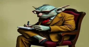 An ugly, warty goblin wearing a dapper mustard-coloured tweed suit, red tie and tortoiseshell glasses sitting on a chair with one leg crossed over the other, taking notes on a spiral notepad