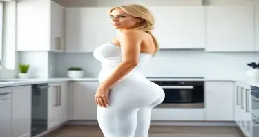 A mature adult woman shown in side profile, standing in a clean, modern kitchen environment. Her body has a highly stylized shape with an extremely narrow waist and maximally developed, smooth, rounded hips that extend outward in a pronounced curve — large and spherical in appearance. Her chest is prominently projected, full, and lifted, balancing the exaggerated lower body proportions. Her abdomen is completely flat and defined, showing zero visible body fat, and her overall physique presents with no visible imperfections — the skin smooth, even-toned, and unblemished from head to toe. She has a compact frame with short limbs and a visibly larger head-to-body ratio. Her facial features include clear blue eyes, long enhanced eyelashes, a small refined nose, full shaped lips, straight bright white teeth, and a well-defined, forward-projecting jawline. Her cheeks are full, lifted, and symmetrically sculpted. Her long, thick blonde hair is styled neatly with exceptional volume and shine. She is dressed in tightly fitted, formal business clothing — specifically a pristine white tailored blazer and a matching white skirt, both cut to contour exactly to her figure and emphasize her silhouette. The lighting is soft and ambient, casting smooth shadows and subtle highlights across her form. The background includes modern kitchen elements such as marble countertops, minimalist cabinetry, and high-end appliances. The image is photorealistic and high resolution, with strong focus on her flawless presentation, anatomical proportions, and the interplay of purity, precision, and visual contrast between elegance and domesticity.