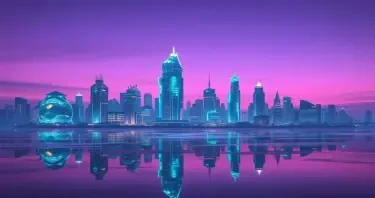 Surreal futuristic city skyline, buildings made of glowing crystals, soft purple twilight sky, reflections on glassy water, dreamlike atmosphere