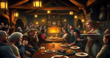 Bustling fantasy tavern interior, richly detailed, crowded with expressive male and female humans, elves, and gnomes in varied fantasy garments, warm lighting from lanterns and hearth, intricate wooden beams and stone walls, dice games, dark recesses, laughing patrons, spilled ale, full plates of food, to one side a confident serving girl carrying a plate of meat in one hand pushes a man aside with her other hand, dynamic composition, emotional body language, layered depth. Style: cinematic, hyper-real lighting with soft textures and glowing highlights