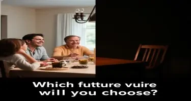 A split-image concept: On the left, a family laughing at a dinner table (happy, secure). On the right, a dimly lit, empty chair at the same table (symbolizing loss). Overlay text: "Which future will you choose?