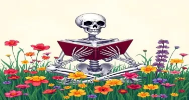 A colorful illustration of a human skeleton sitting cross-legged in a vibrant wildflower field, reading an open book with a peaceful smile. The skeleton is surrounded by blooming flowers in shades of red, yellow, purple, and pink, with green grass and tall stems. The background is soft and dreamy, evoking a serene and whimsical mood. The art style is detailed, with fine lines and soft shading, combining gothic and botanical aesthetics.