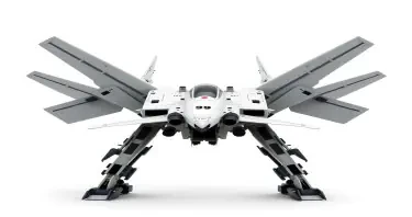Chinese, Chengdu J-20 style, symmetrical, Macross Valkyrie, Gerwalk Mode, with arms & GU-11 Gun Pod,on a white background