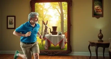 A man with salt-and-pepper hear and a thin beard is wearing a blue polo shirt and khaki shorts. He is chasing a steam-punk style robot rabbit. The man is running towards an ornate, vintage full-length mirror. The robotic rabbit is on the other side of the mirror, where the scene transforms into a whimsical forest clearing. In the clearing, there is a table set for tea with an oversized teapot and a large, extravagant top hat placed beside it. The atmosphere is vibrant, with dappled sunlight filtering through the trees, evoking a surreal, storybook feel. The mirror acts as a magical portal between the ordinary room and the fantastical tea party in the forest.