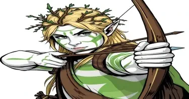 A warhammer fantast wood elf. Tall and blonde with tree branches decorating his hair and his pale white skin painted with green stripes. Armed with a longbow ready to shoot. Drawn in comic style