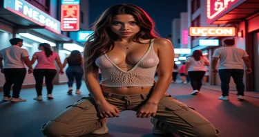 Sassy, urban 25yo Puerto Rica woman in low wide-leg cargo pants, silver belly chain, loose white string-net vest, cleavage. Long hair, sultry expression. Bending toward the camera, hands on knees, in front of a busy futuristic nightclub. Night scene, lit by low headlights and neon signs