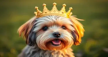 A short-hair havanese Dog, king konrad, with a crown and a szepter. looking cute. ears are hanging down.