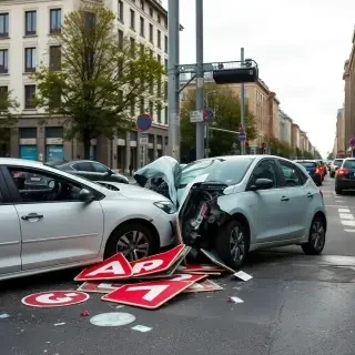 Accident between two cars at an intersection with broken signs on the ground, busy street in Berlin