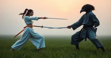 Two duellists each facing the other, legs planted in a firm stance, side view to camera, pointing a japanese katana sword at the othera, in a misty rice field at dawn. One duellist is a fierce, beautiful young female with indonesian looks, wearing white shalwar trousers and a cropped white top. The second duellist  is a humanoid crow man wearing a black karate gi