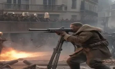 A human barbarian with a machine gun shooting Nazis in paris - large wide scale view showing the Nazis being shot