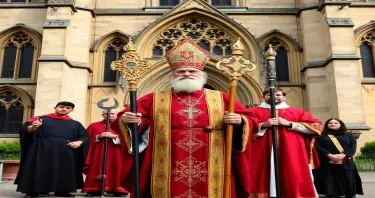 A 13th Century Church of England Bishop standing with his staff in front of the Catherdral at Wells, somerset.