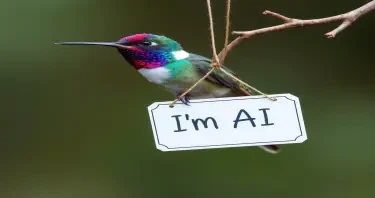 Professional photograph ruby throated hummingbird perched on a branch, a sign hangs from which has “I’m AI”, high detail, abstract background