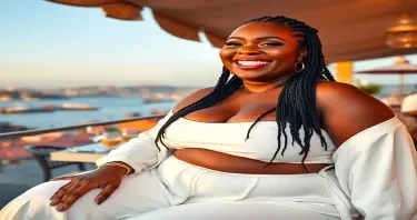 A joyful size 26, SSBBW black woman with a radiant smile, wearing a flowing white outfit with a low cut top, with gold earrings, dining at a sunlit rooftop restaurant in Istanbul. She has braided hair, dark skin, huge breasts at at least size 38P, a rounded, wide belly, soft arms, wide hips, thick thighs, and a confident, relaxed pose. Her voluptuous body strains against the fabric of her outfit. The Bosphorus sparkles in the distance, and the city skyline glows in the warm evening light.