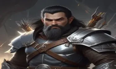 A dungeons and dragons character who is a dwarf ranger. He has a wide build, black hair, grey eyes, weilds a magical bow that creates lightning arrows, and wears a silver breastplate.