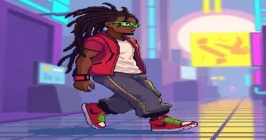 Generate a pixel tileset of a 2d cyberpunk male with dreadlocks. TIleset should include a walking, running, jumping, and standing animation.