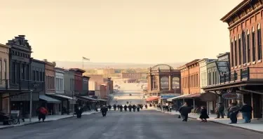 A realistic picture of the Wild Western town of Dodge City. A long view of the city as if walking down the middle of Dodge City in 1875 BC with buildings on both sides of the street as the town gets smaller in the distance with people in Dodge City in 1875 on the street living everyday life.