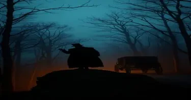A dark human ghost with a top hat on the edge of a thick wood at dusk scaring a horse drawn carriage