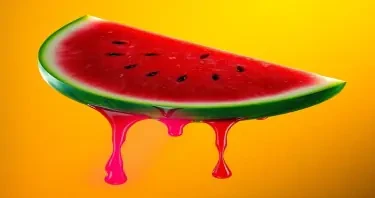 colorful image of a juicy slice of watermelon dripping on bright yellow background