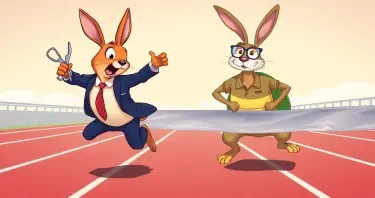 Illustration of the story of the Tortoise and the Hare approaching the finish line. The Hare is wearing a sharp business suit, holding a pair of scissors, and is captured in mid-fall with a surprised expression. The Tortoise is confidently crossing the finish line, wearing glasses, a thin beard, and a casual polo shirt, looking determined and calm. The background shows a racetrack finish line under a clear sky. The style is vibrant, detailed, and expressive, blending realism with a touch of whimsy.
