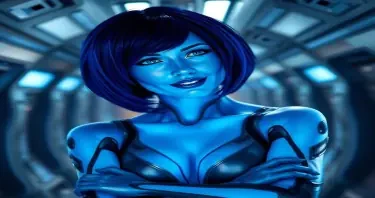 Photorealistic picture of someone cosplaying as Cortana from Halo. She is tall, large chest  and has blue holographic skin. Her dark blue hair is cut in a short bob. Her lips are a glossy, cobalt blue. Her eyes are a vibrant blue. She is in the hall of a starship. She bends towards you. She looks at you with a knowing, interested smile, arms crossed.