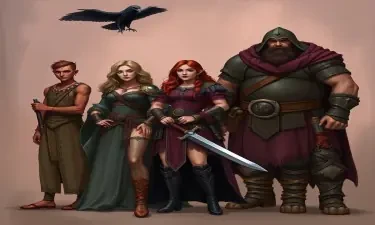 A five member dungeons and dragons adventuring party consisting of: A red-skinned thin male elven bard, an adrogynous female half-elf cleric/warlock with a shadow raven familiar,  a curvy female half-elf sorceror/warlock, a short but wide male dwarven ranger, and a very tall male half-giant barbarian/paladin.