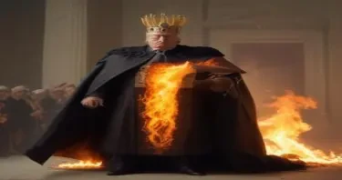 An image of Trump dressed as an emperor burning the constitution